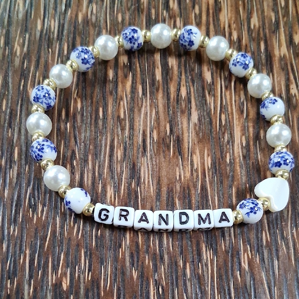 Grandma Beaded Stretch Bracelet with Blue Floral and Pearl Accents